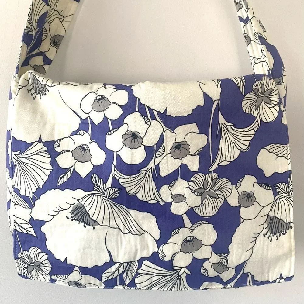 Handmade Floral Purple & White Cotton Sz L Messenger Bag School Shopping Cottage